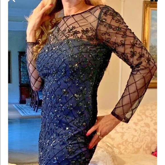 Adrianna Papell NAVY Short Beaded Sheath Dress Size 4